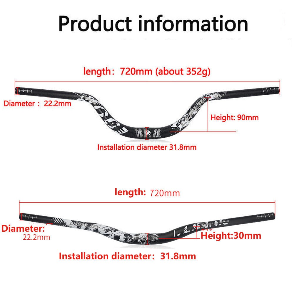 Mountain Bike Riser Handlebars 30/90mm Rise 720mm Length Aluminum Alloy