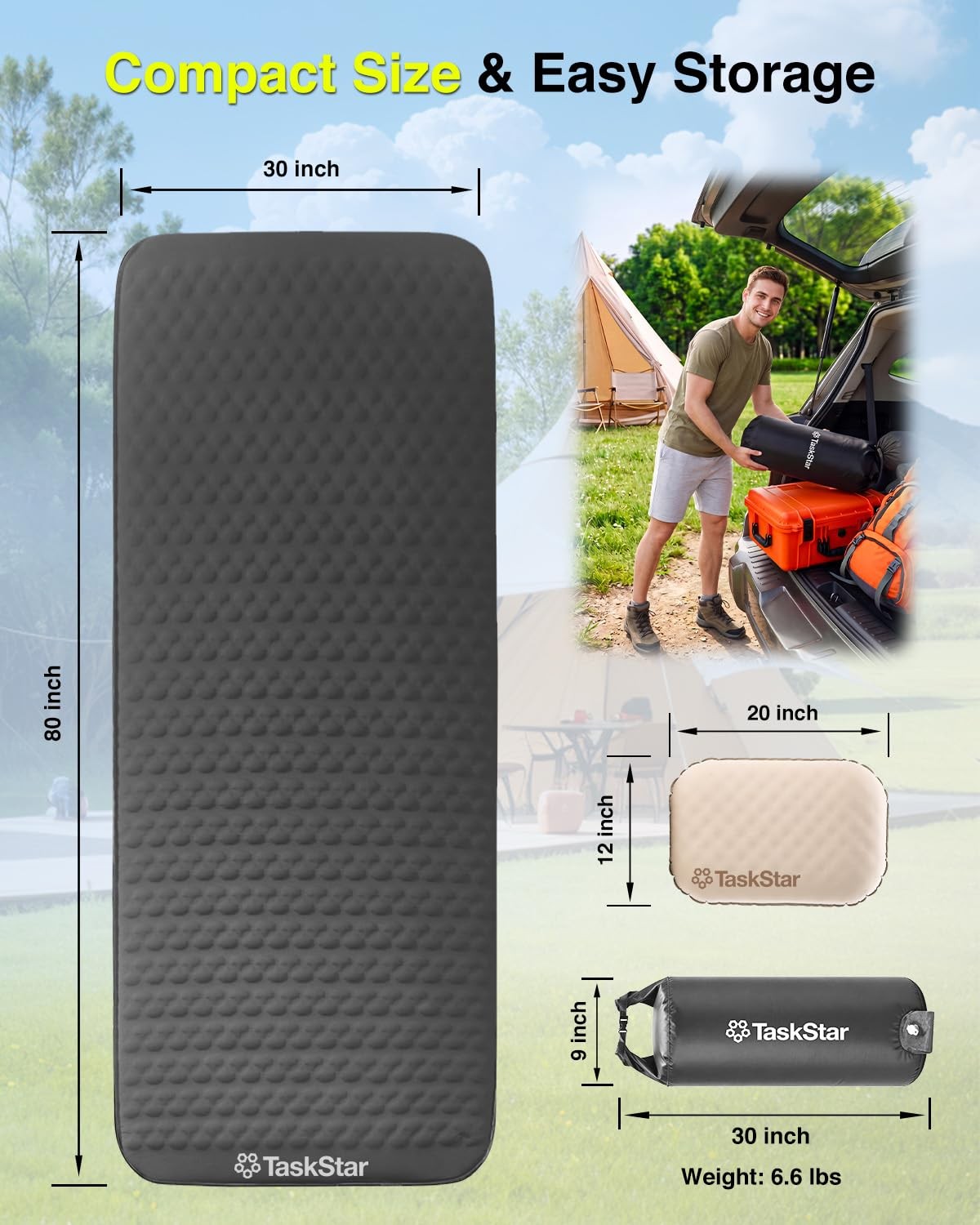 Self Inflating Camping Sleeping Pad 80x30x4 Inches with Electric Pump