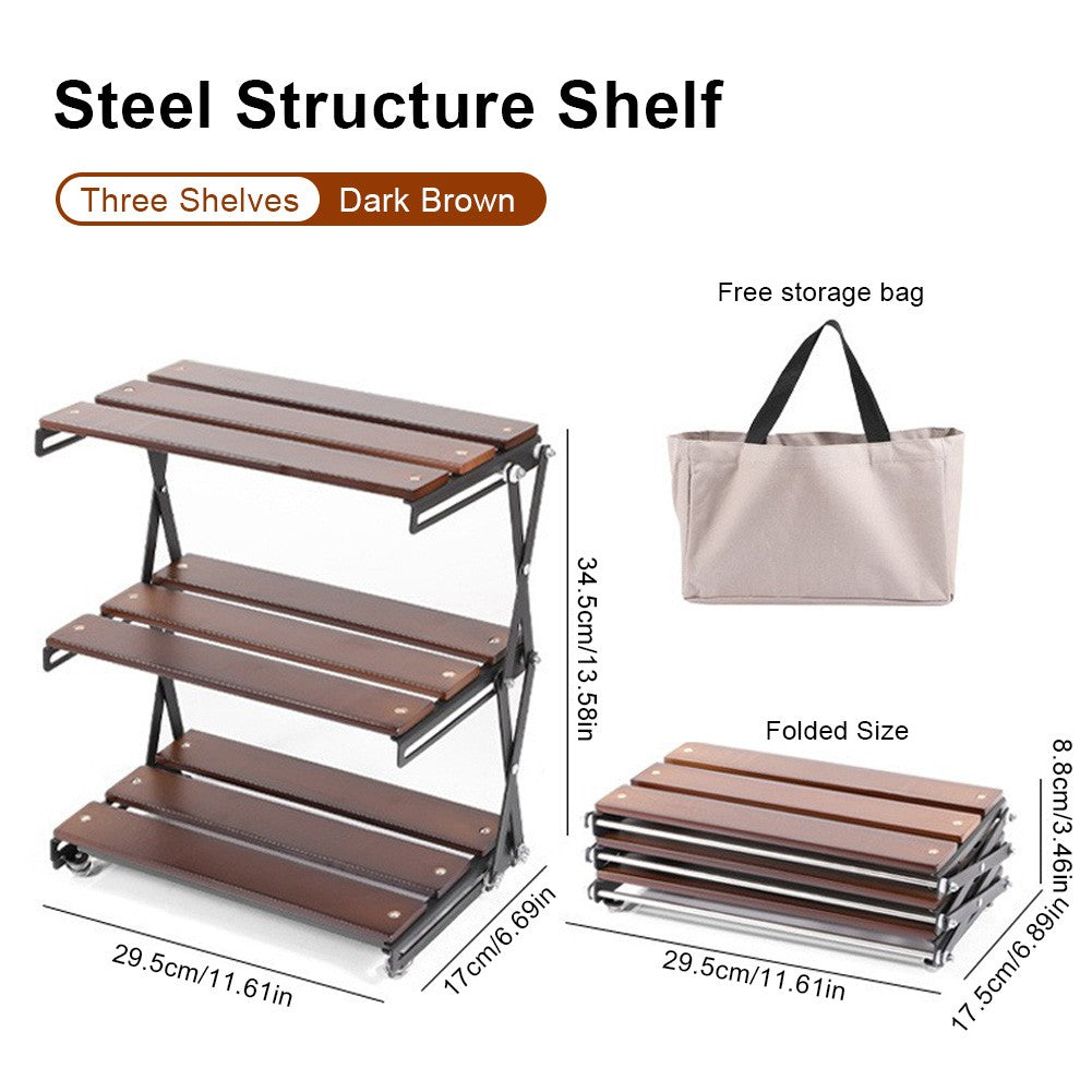 3-Tier Portable Camping Storage Rack Foldable Wooden Countertop Organizer