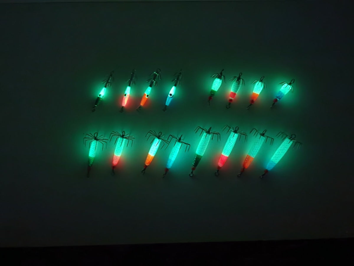 8 Pcs Puget Sound Squid Jig Set - 1/3 oz Glowing Multi-Color Fishing Lures