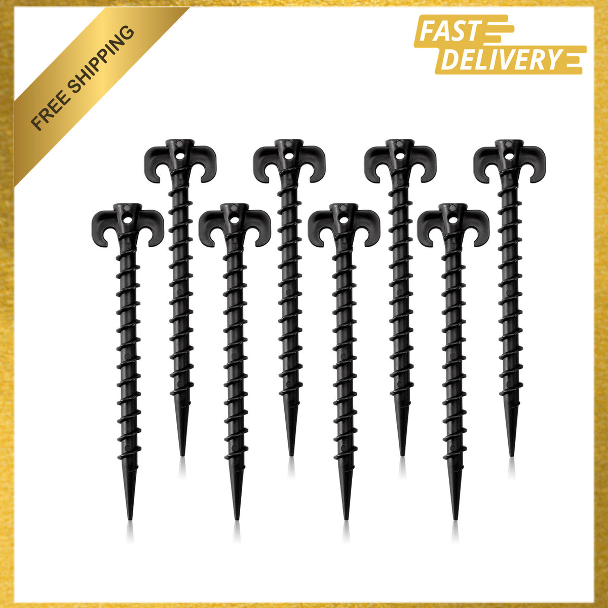 8 Pack 7.5 Inch Black Plastic Tent Stakes Spiral Sand Anchors for Camping Hiking