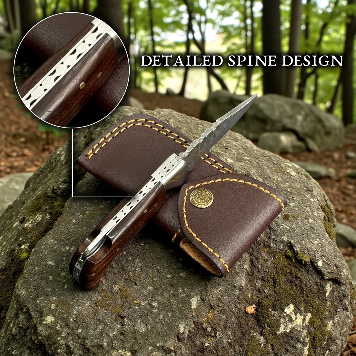 Personalized Damascus Folding Pocket Knife with Rosewood Handle