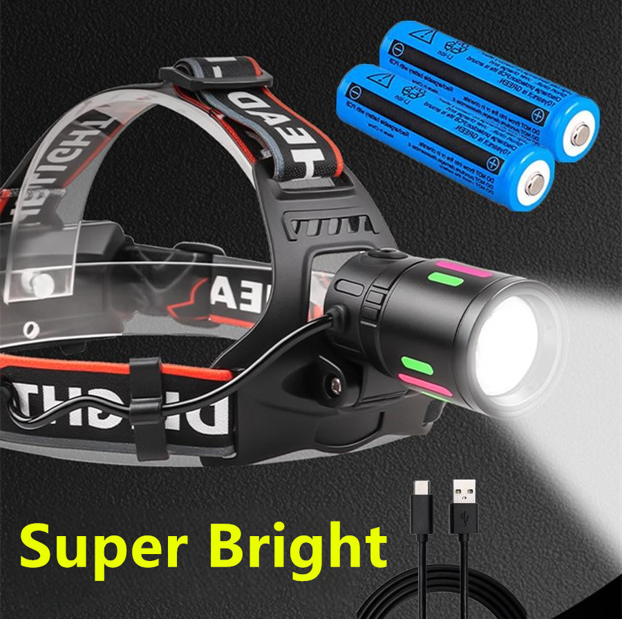 Rechargeable LED Headlamp with Zoomable Focus, Waterproof, 90° Swivel, USB-C
