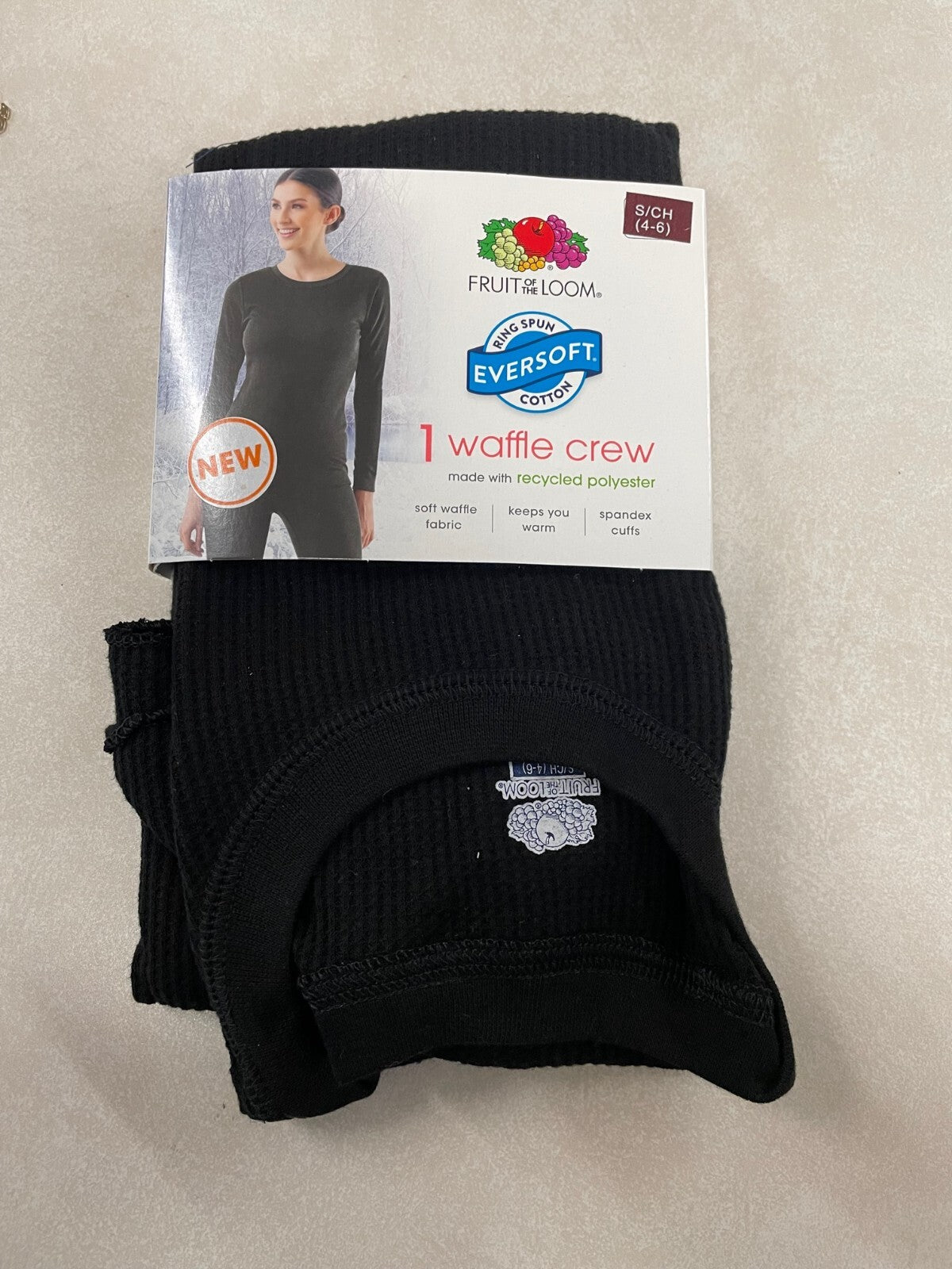 Women's Thermal Waffle Crew Neck Top Size S Black - Comfortable & Cozy