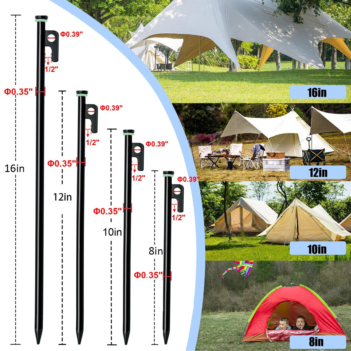 Heavy Duty Tent Stakes with Hammer - 10 Inch Steel Stakes for Camping (12 Pack)