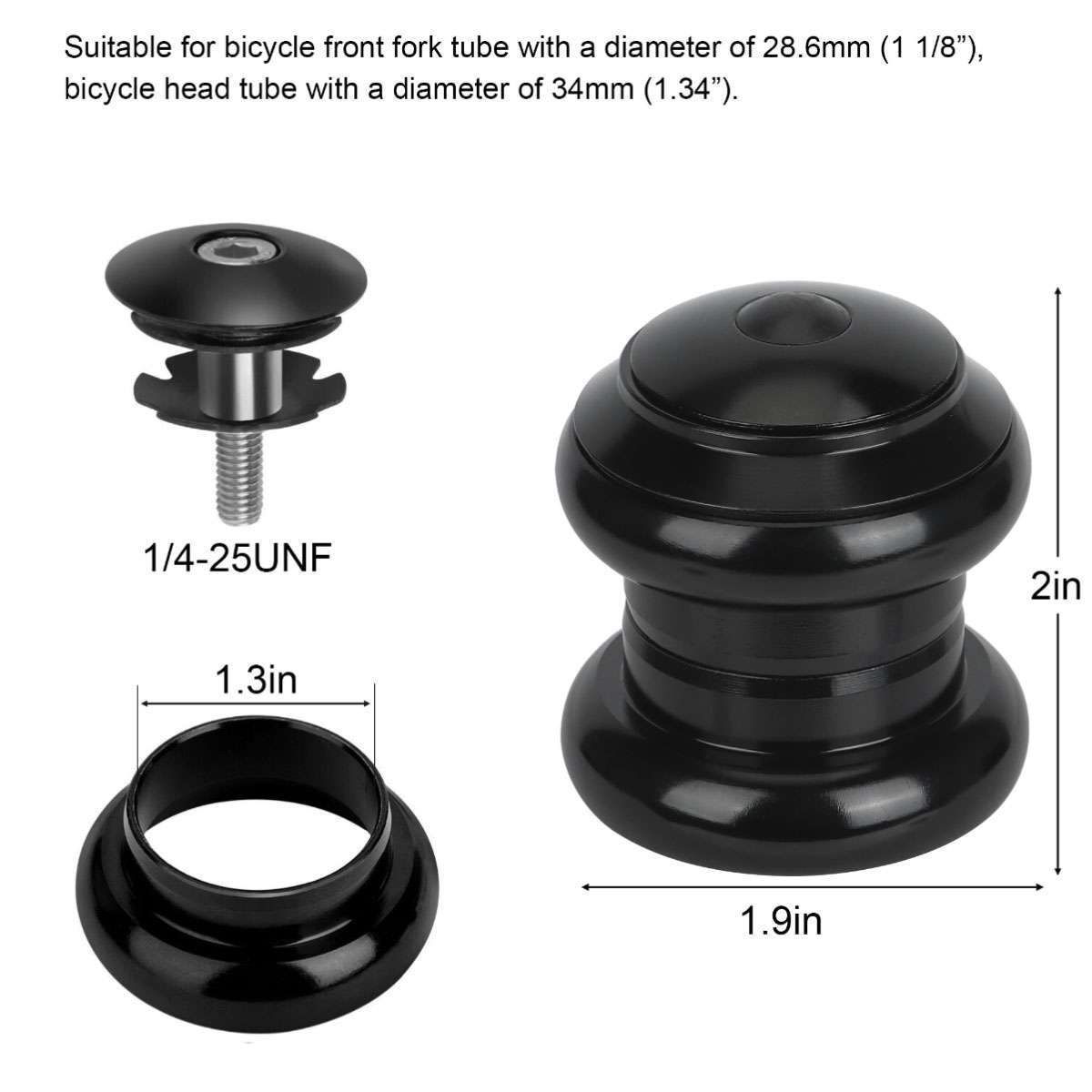 34mm 1-1/8 Inch Threadless Bicycle Headset Kit Aluminum Alloy Black