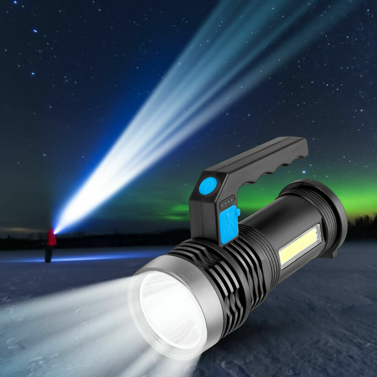 Rechargeable Handheld Searchlight Flashlight with 500m Beam, Waterproof, USB Charging