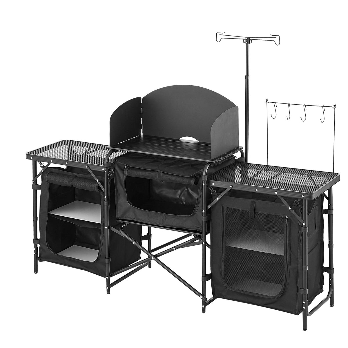 Portable Camping Kitchen Table with Windshield and Storage Compartments