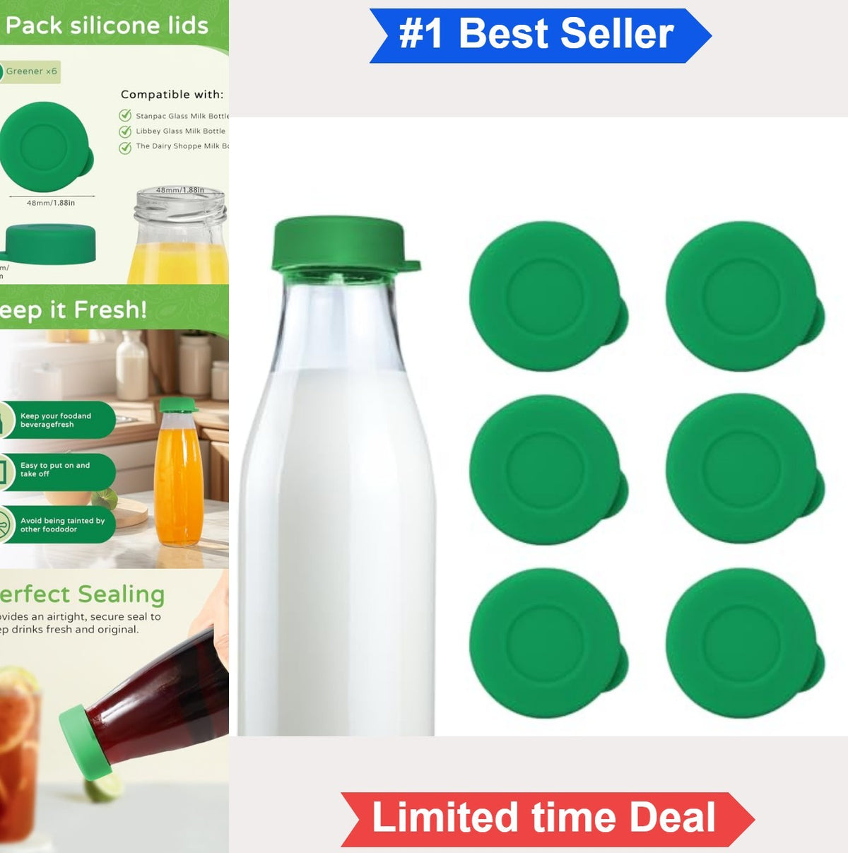 Reusable Silicone Milk Bottle Caps 48mm Green Pack of 6 for Glass Bottles