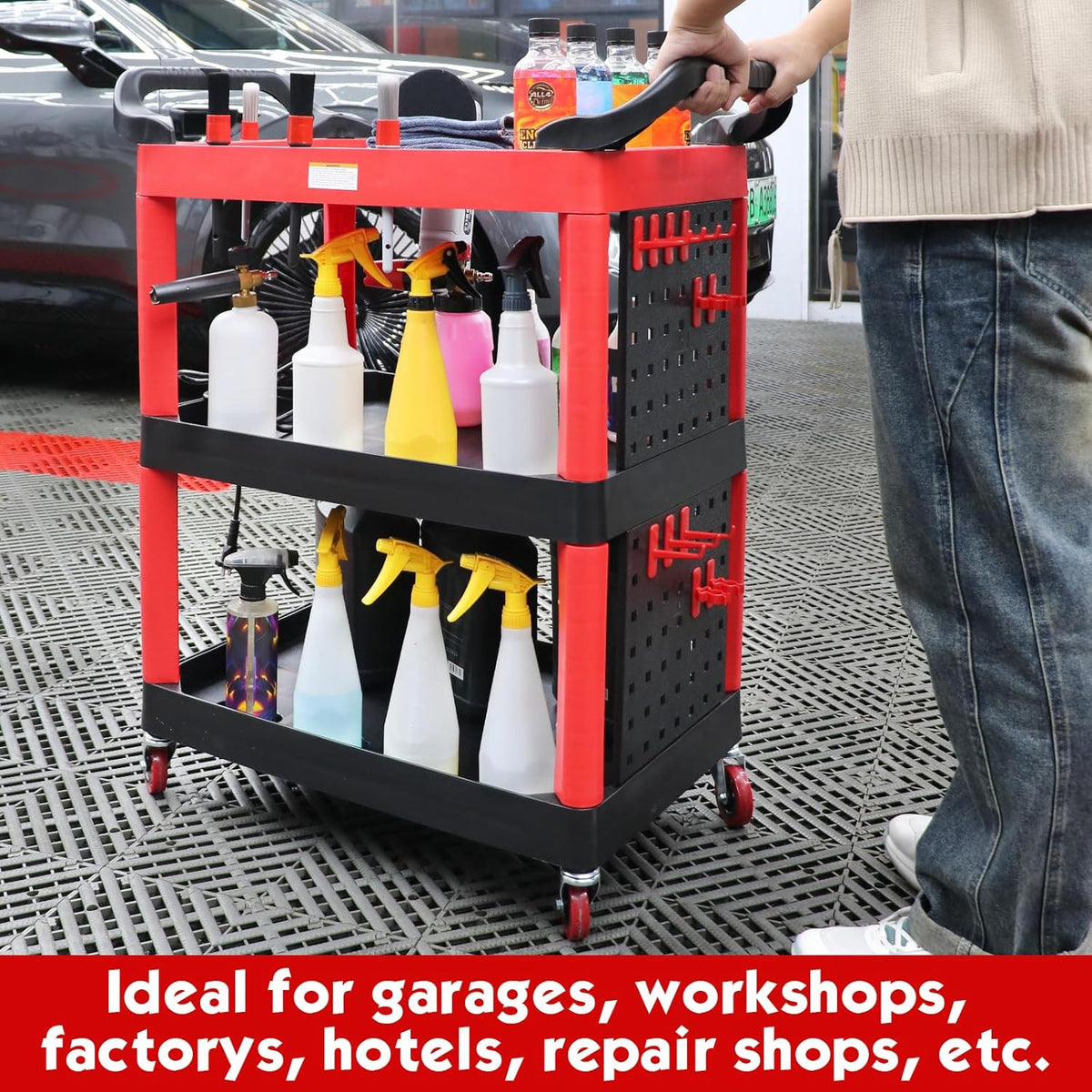 Auto Detailing Cart with Wheels - 3 Tier Garage & Workshop Storage