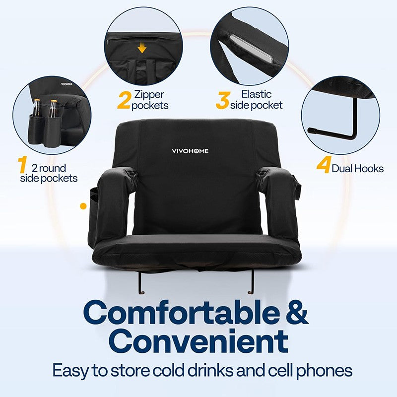 Reclining Stadium Seats 2 Pack with Back Support & Cup Holders - Adjustable & Padded