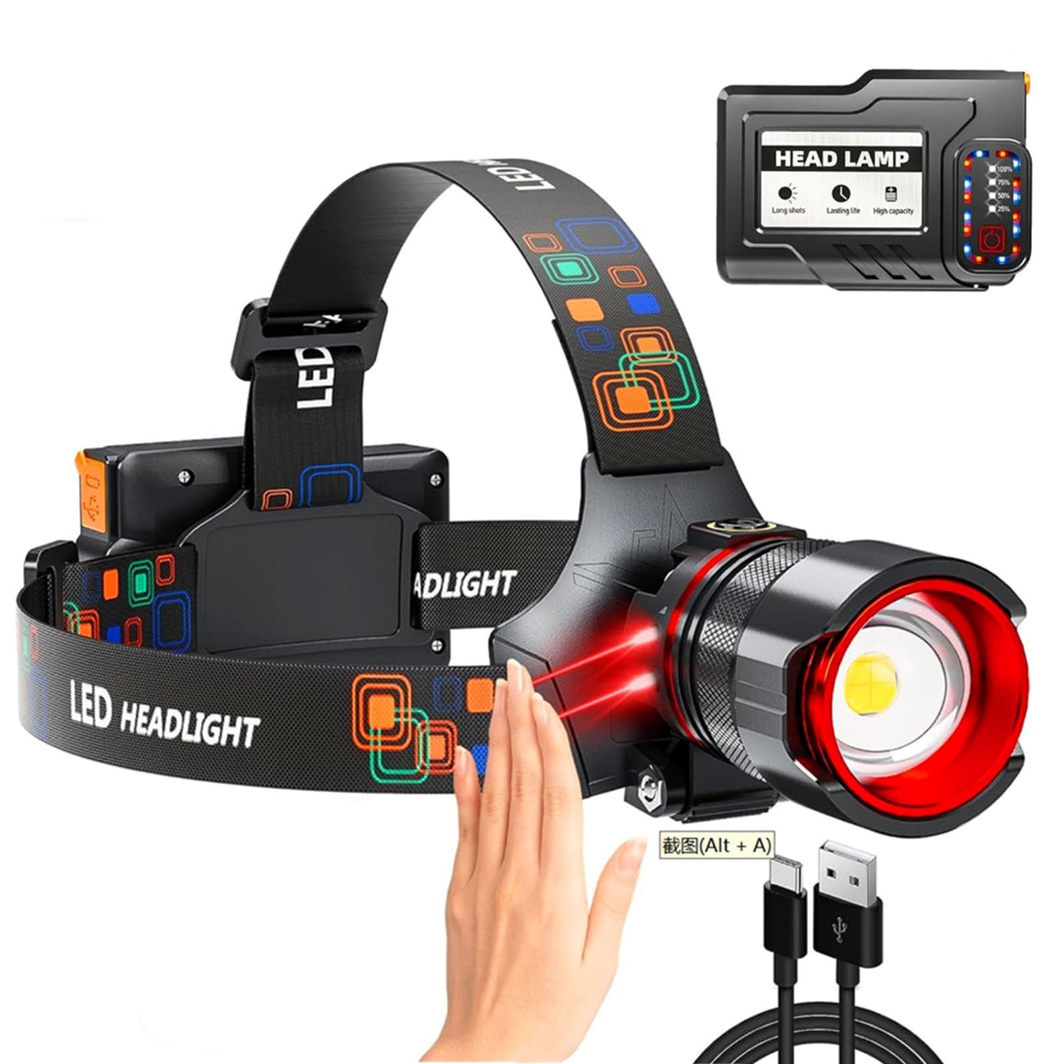 Rechargeable 5000 Lumens LED Headlamp with Zoom, Waterproof & 5 Modes