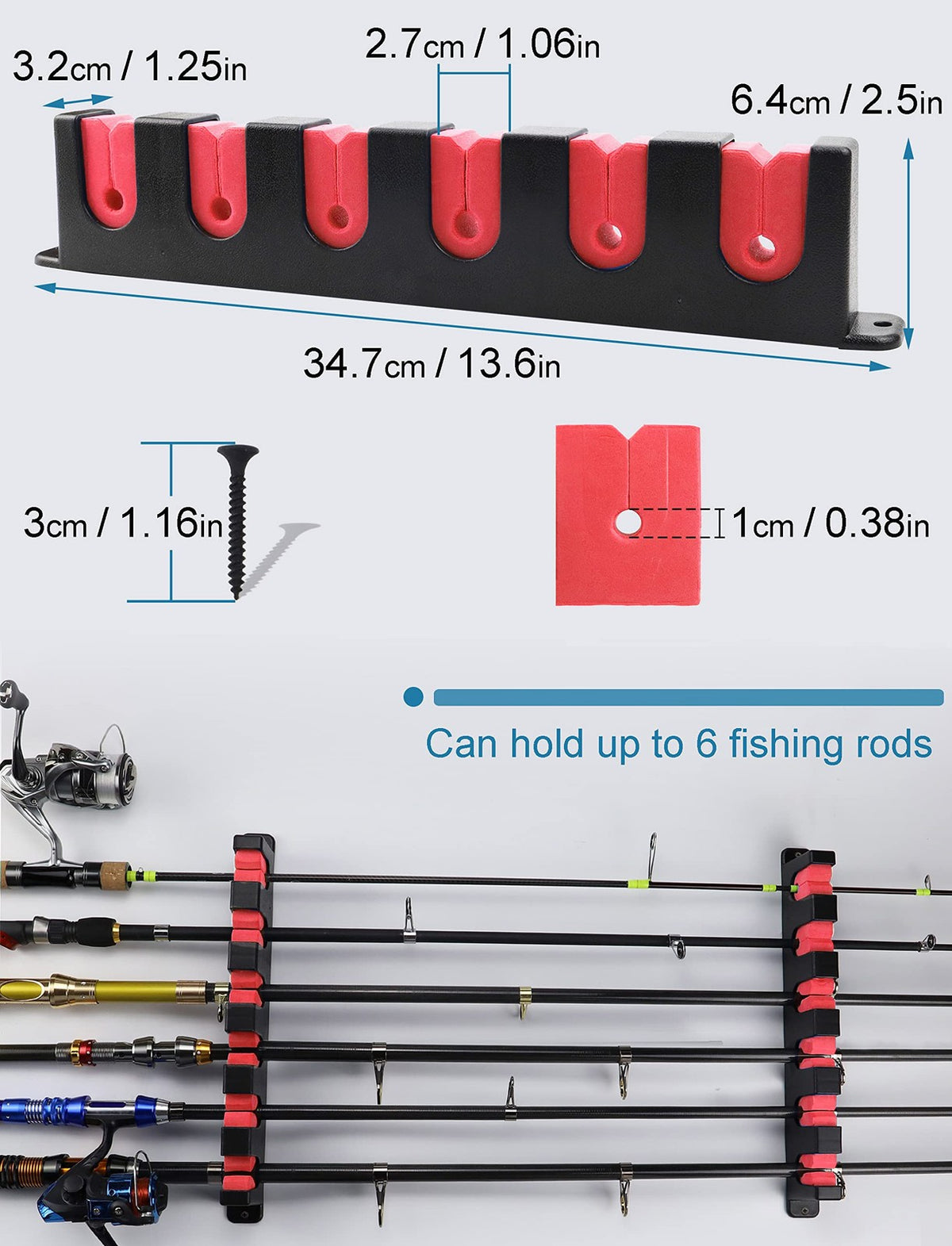 6-Rod Wall Mount Fishing Pole Holder Rack Storage Wall Mount Horizontal