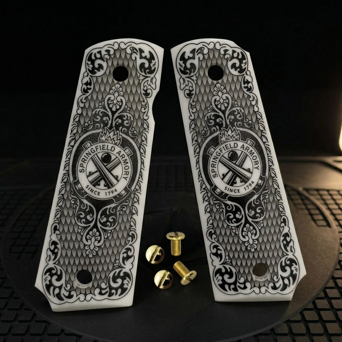 1911 Pistol Grips White Pearl Polymer with Springfield Logo - Custom Full Size Fit