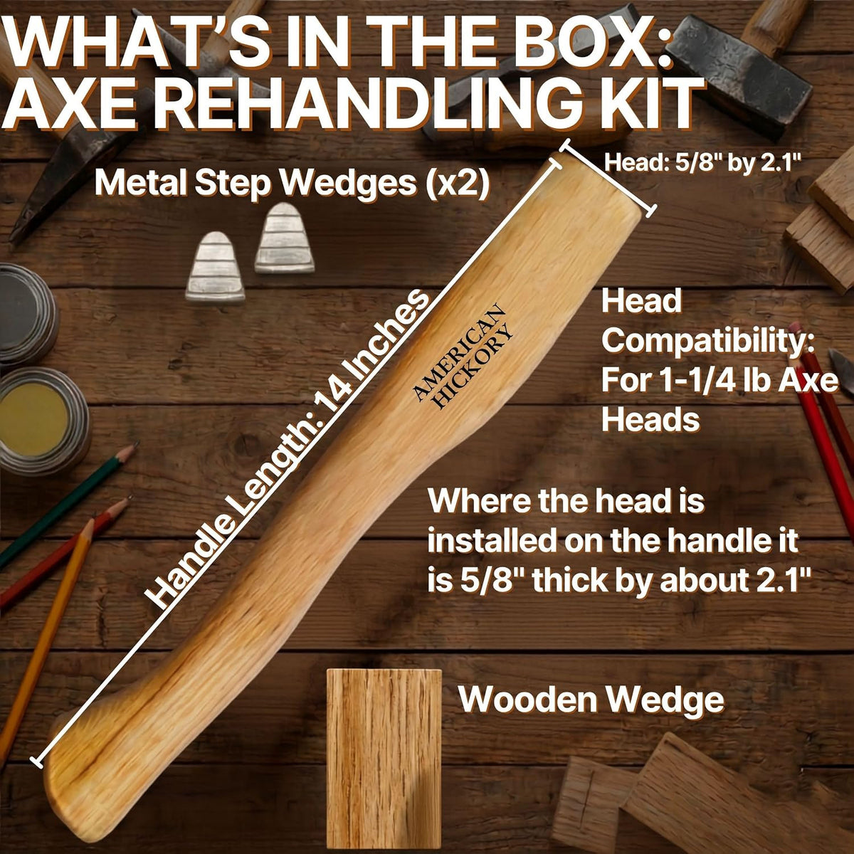 Hickory Axe Handle Replacement for 14-Inch Axes - Durable Wooden Hatchet Handle