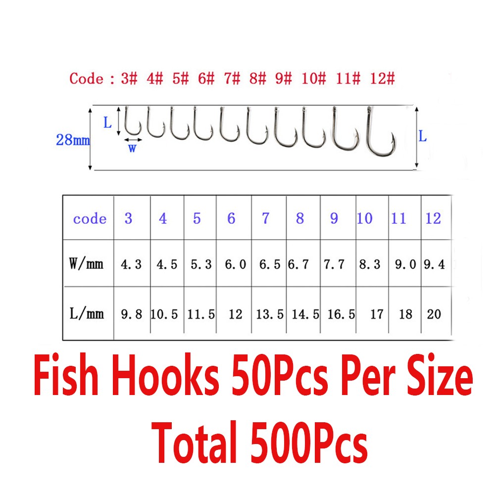 500pcs Fishing Hooks Set in 10 Sizes - Carbon Steel Sharpened Hooks with Storage Box