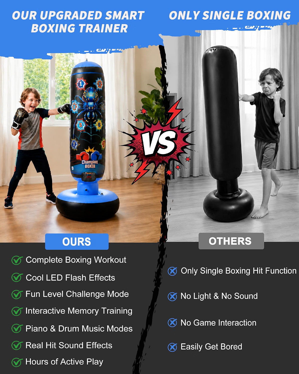 Kids Inflatable Punching Bag with LED Lights and Music, 51 Inches