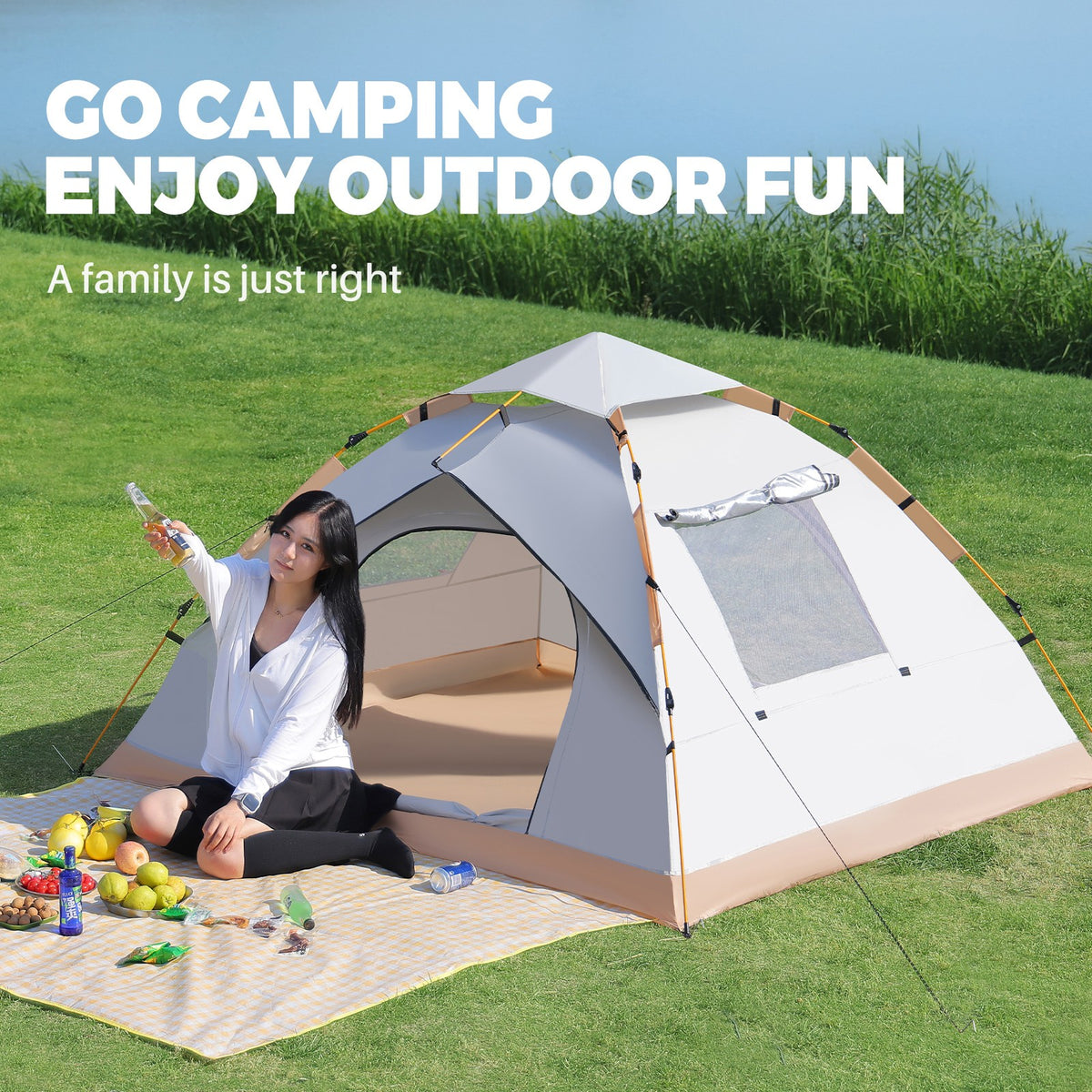 Pop-Up 3-4 Person Camping Tent Beige Waterproof Sun Shelter with Doors & Windows