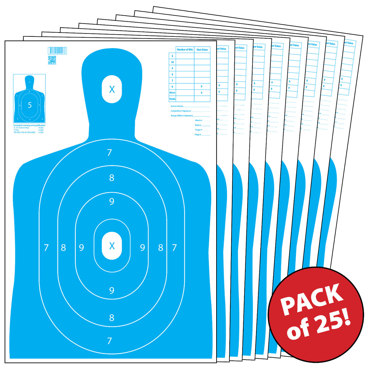 25 Paper Shooting Targets for Range Practice Blue Silhouette 23x35