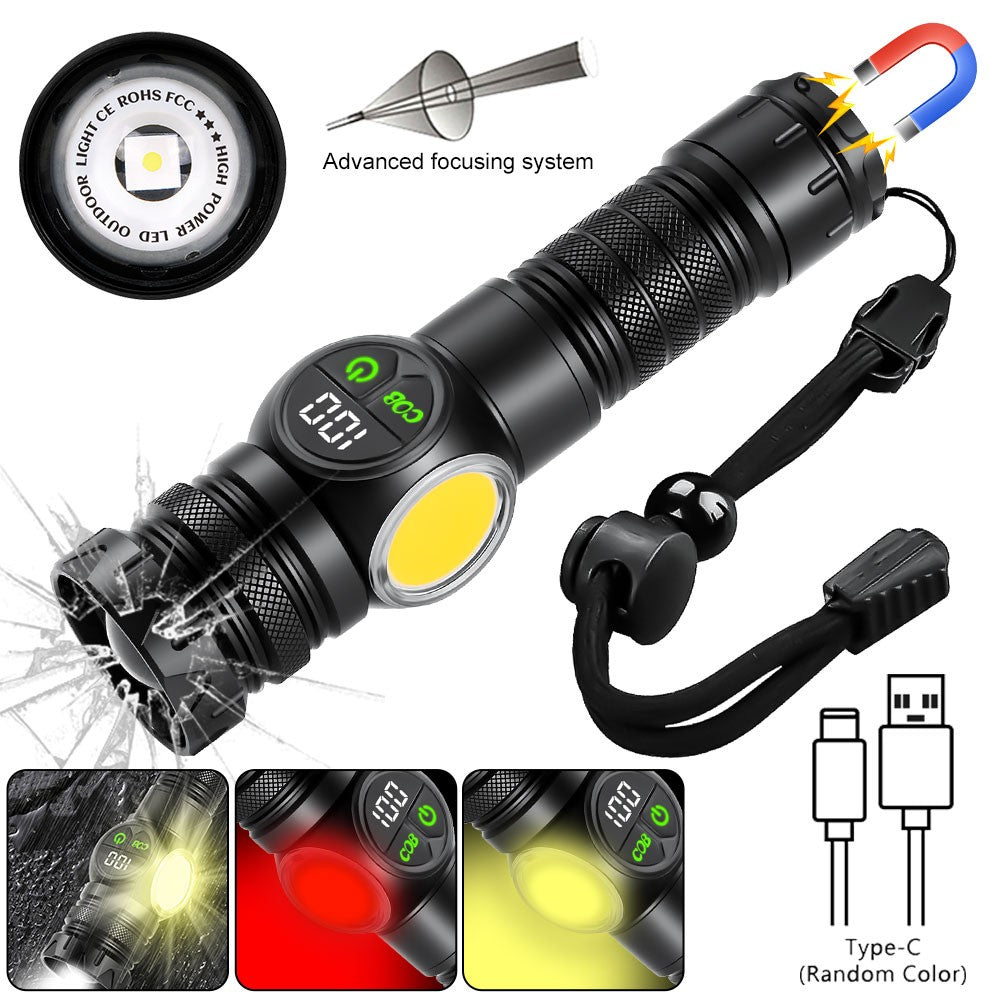 Rechargeable LED Flashlight Torch with COB Light Zoomable USB Portable