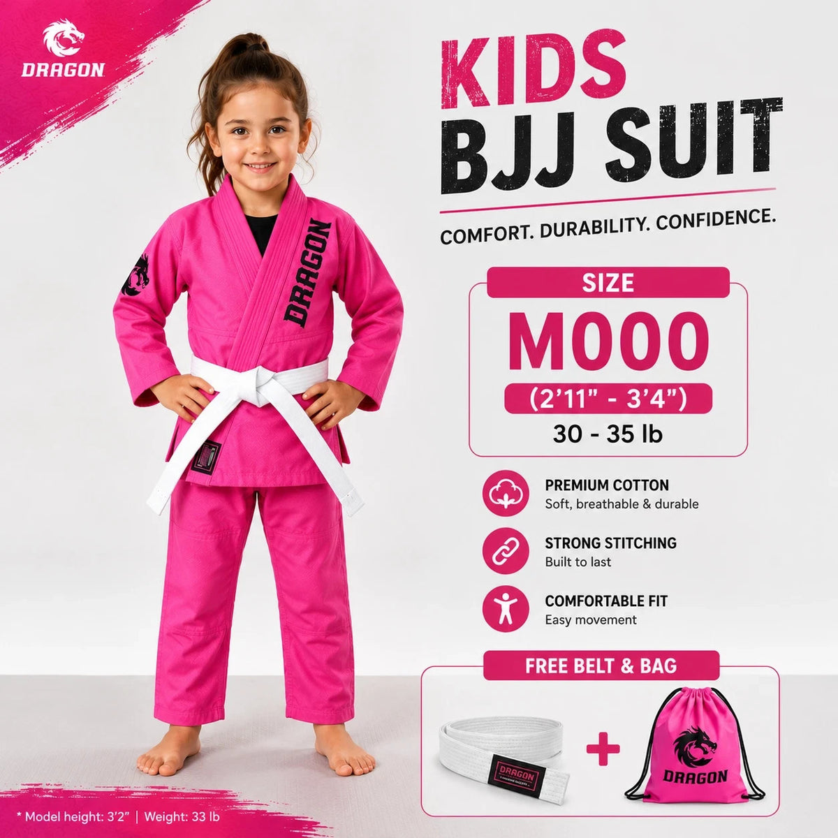 Kids Girls Pink BJJ Gi Suit with White Belt & Bag - Martial Arts Uniform