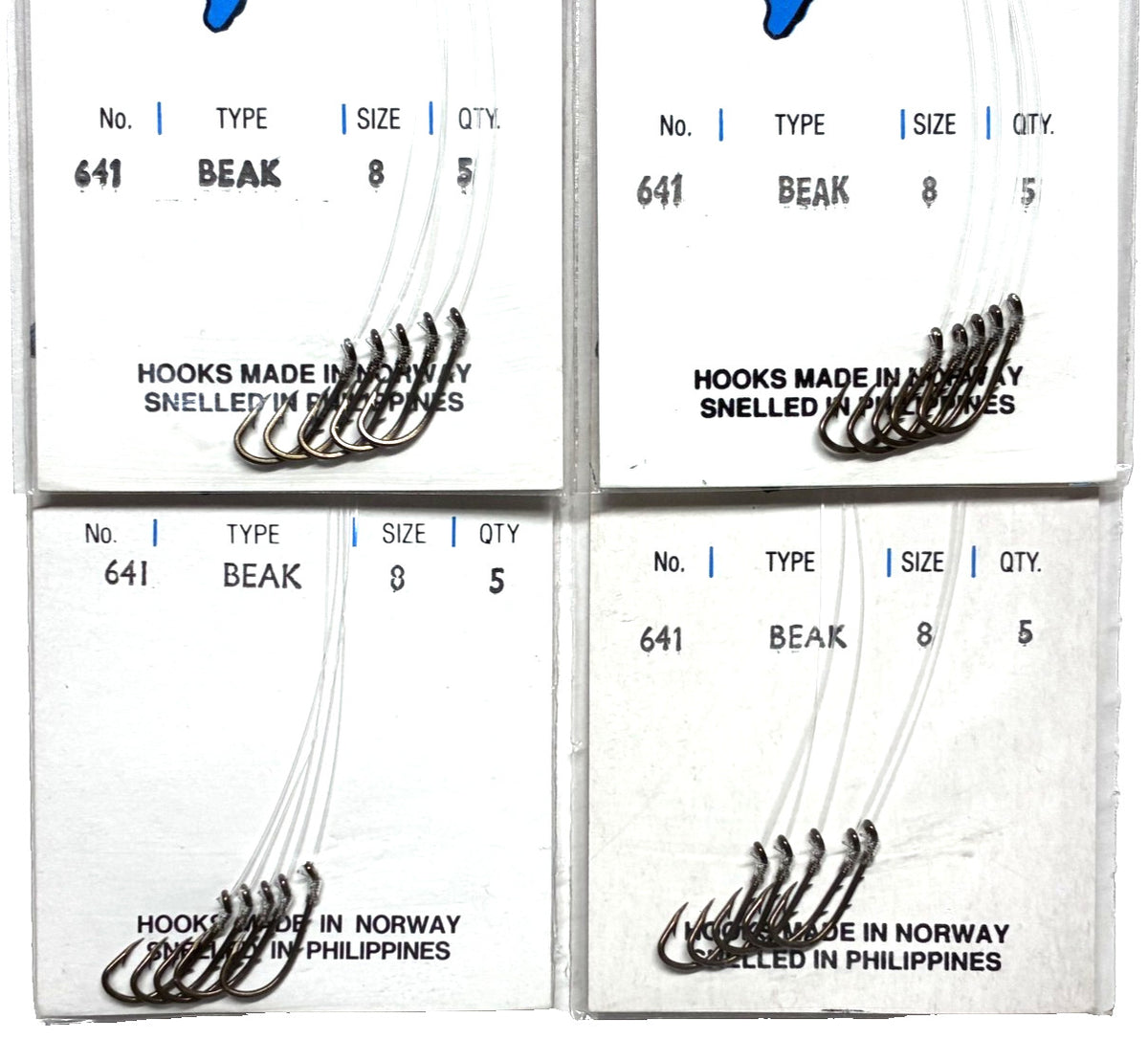 Fishing Hooks Set - Size 8 Snelled Beak Hooks with Clear Nylon 4-Pack