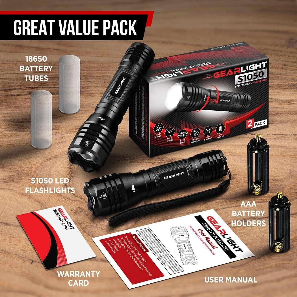 LED Flashlight 2-Pack High Lumens Waterproof Camping Hiking Walking Light
