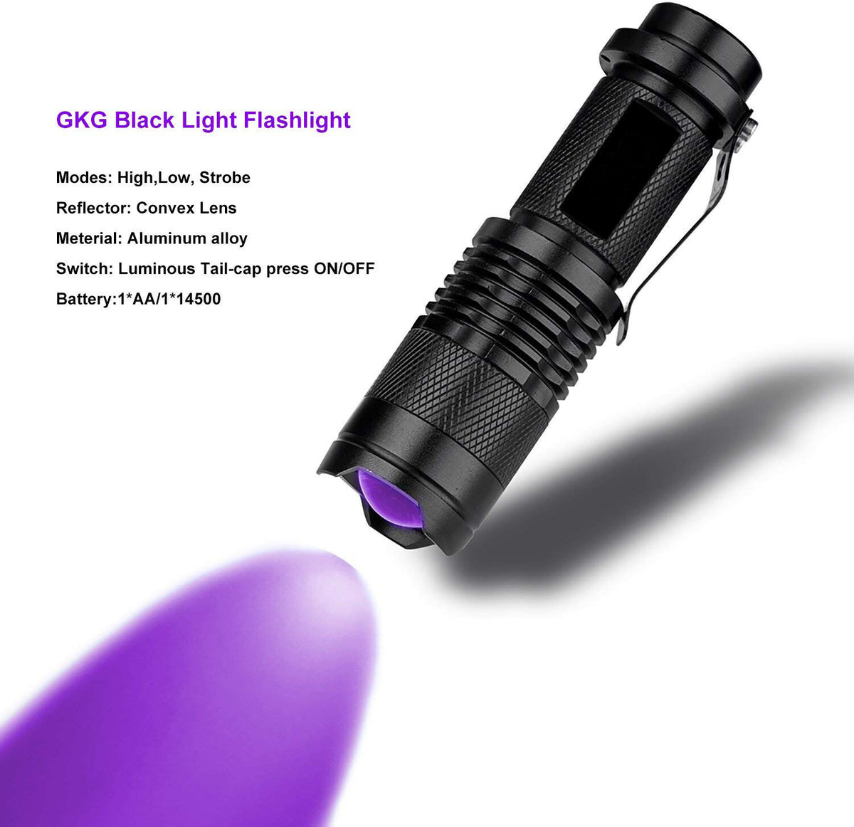UV Blacklight Flashlight 395 NM Inspection Torch Waterproof & Focusable