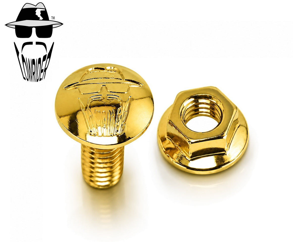 Lowrider Springer Fork Top Bolt & Nut Set - Chrome or Gold Finish, Logo Engraved
