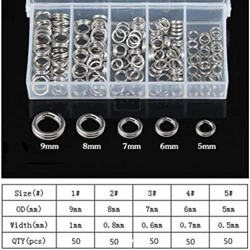 Heavy Duty Stainless Steel Fishing Split Rings Kit - 5 Sizes, 250pcs