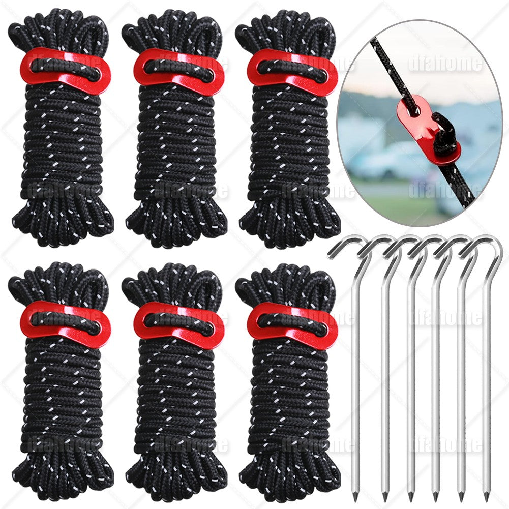Reflective Tent Guy Lines Kit with Aluminum Tensioners and Stakes - Heavy Duty Camping Rope Set