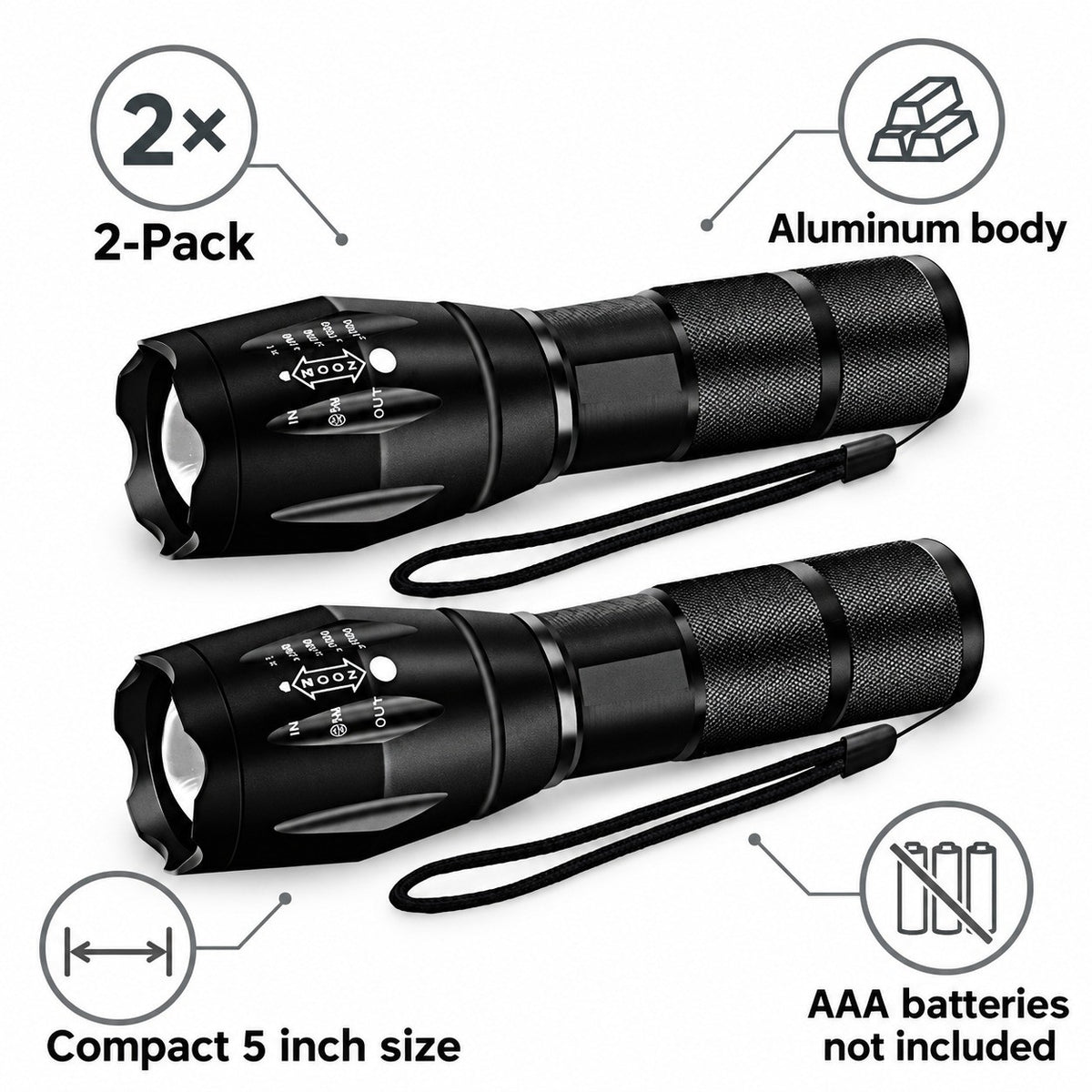 2 Pack LED Tactical Flashlights - 5-inch Aluminum Handheld Bright Light