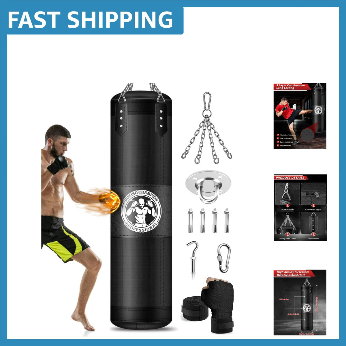 Heavy-Duty 4FT Boxing Bag with Steel Swivel & Hanger - Unfilled Training Set