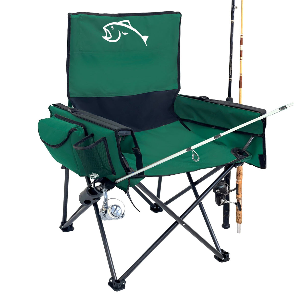 Portable Folding Fishing Chair with Rod Holder, Cooler & Ruler