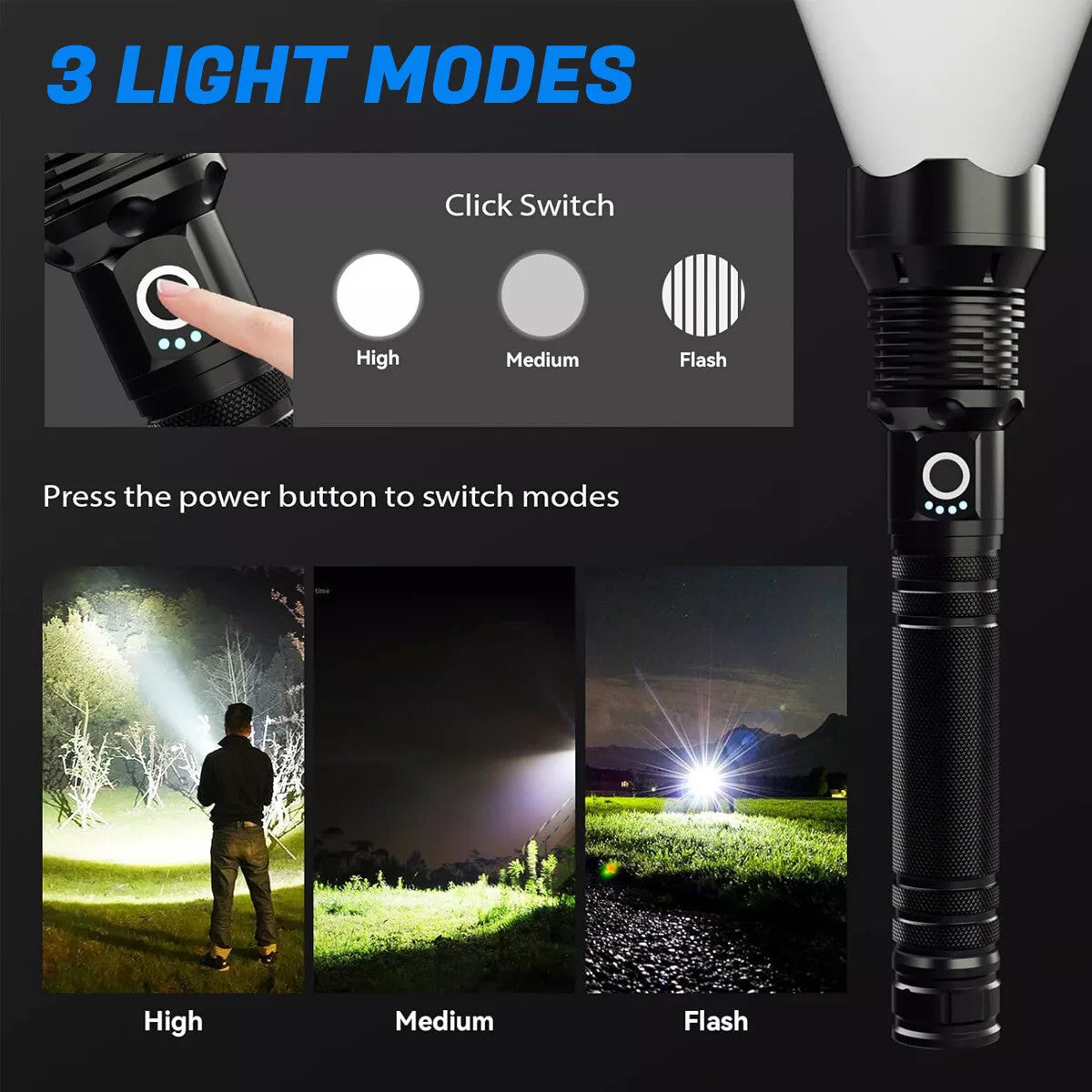 Rechargeable LED Tactical Flashlight with Zoom, 7 Modes & 1000ft Beam