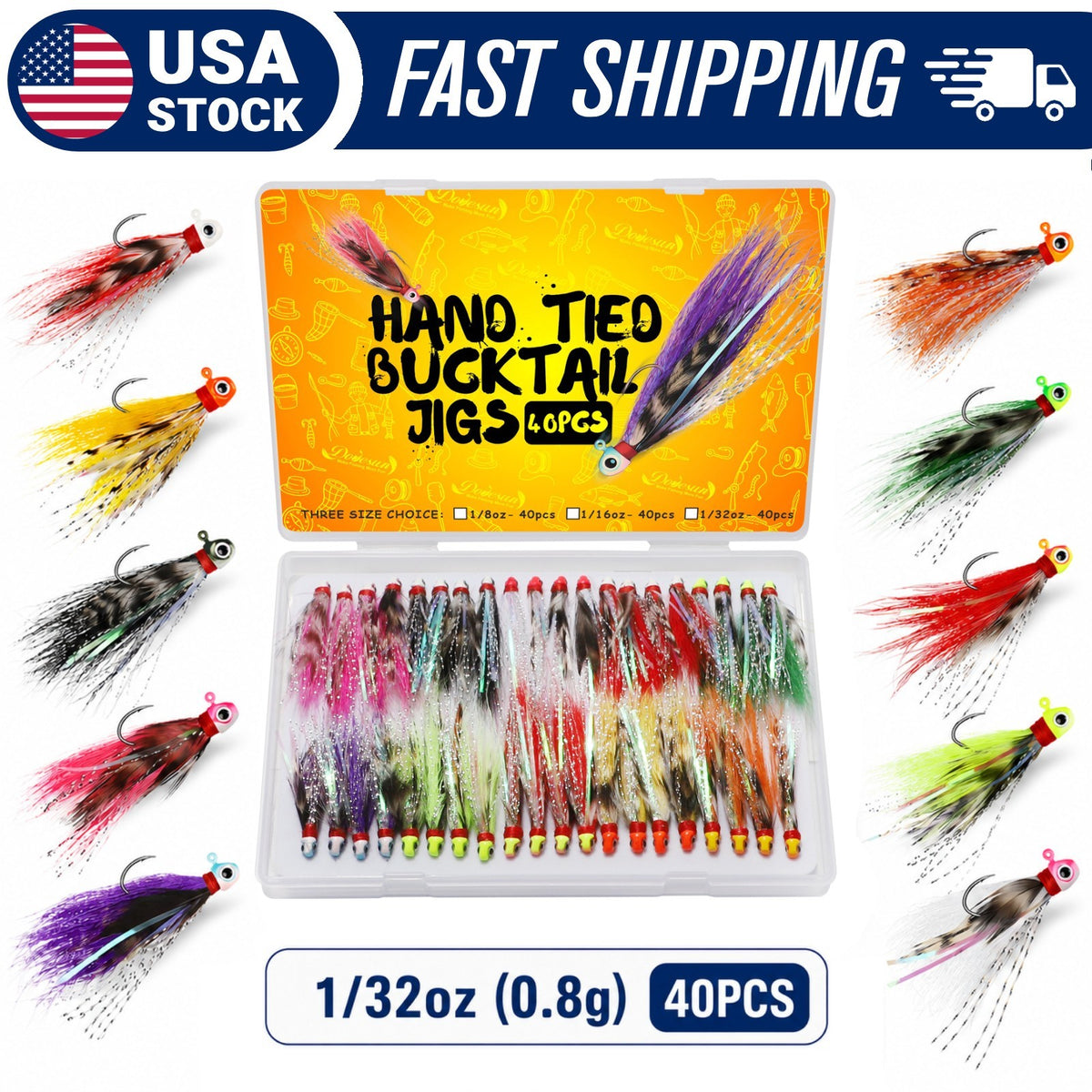 40PCS Fishing Jigs Kit - Hand-Tied Crappie Bucktail Hair Lures with 3D Eyes and V-Style Hooks