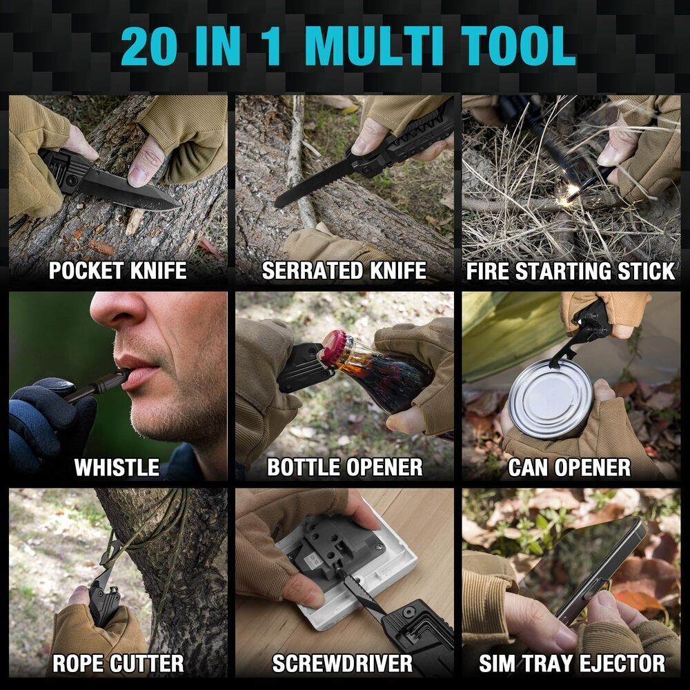 20-in-1 Multitool Pocket Knife with Locking Blade, Saw, Screwdriver, Fire Starter