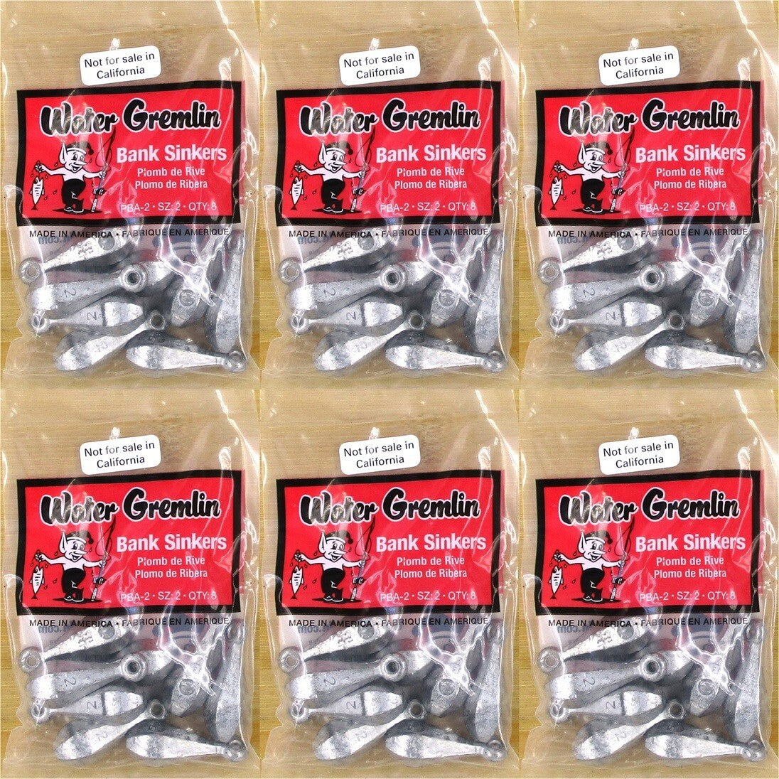 Water Gremlin 2 Oz Fishing Bank Sinkers Pack of 6 - Size 2, USA Made