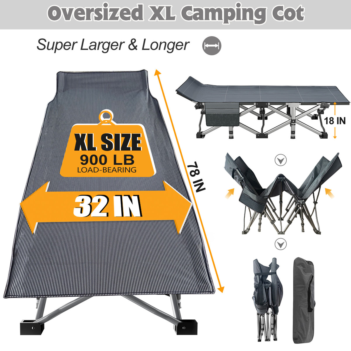 Heavy Duty Folding Camping Cot for Adults Supports 900 lbs XL Large Bed