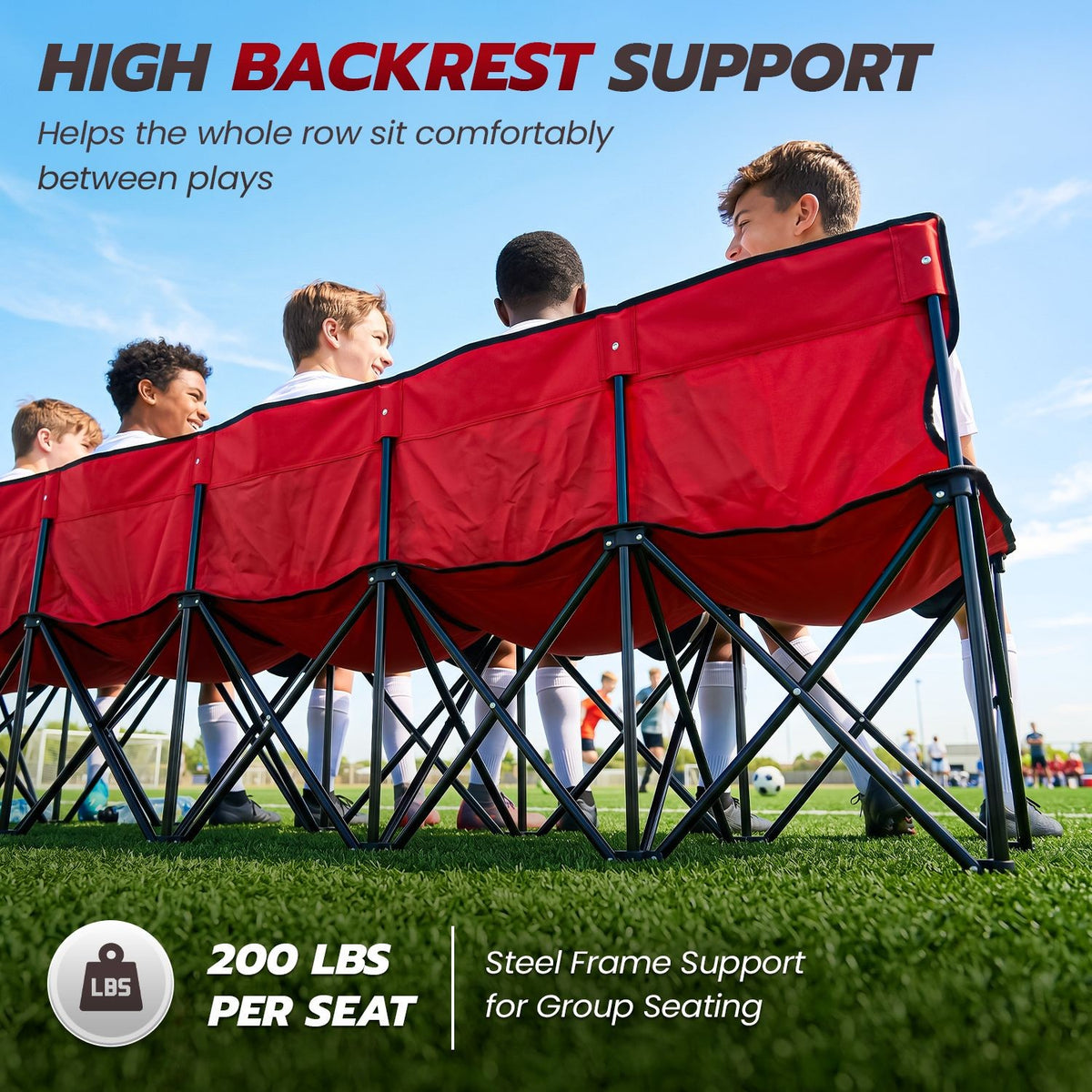 6-Person Collapsible Team Sideline Bench with Backrest - Red Sports Seating