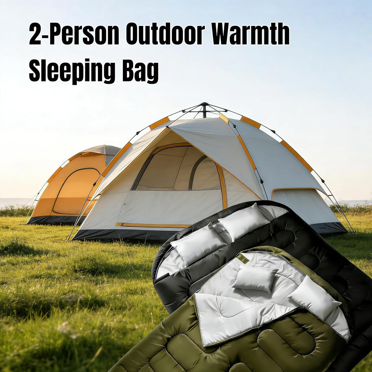 Double Sleeping Bag for Adults Queen Size XL, 2-Person Waterproof Camping Bed with 2 Pillows