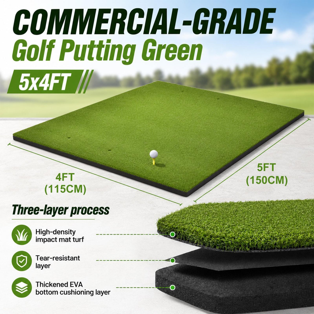Large Golf Hitting Mat 4x5ft with 31mm Foam Padding for Indoor & Outdoor Practice