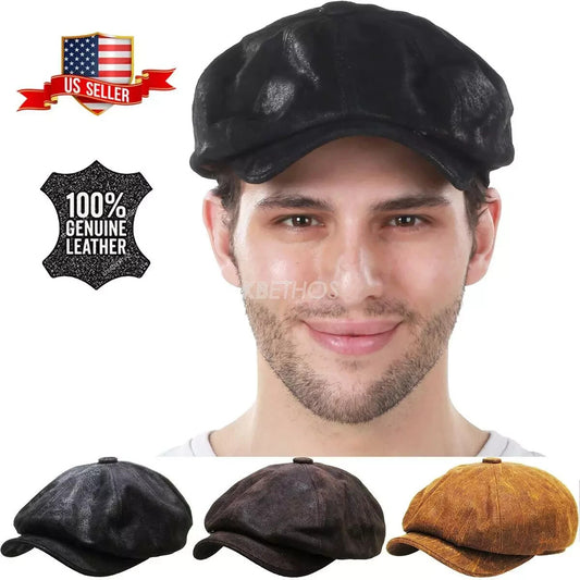 Men's Leather Ivy Hat - Flat Cabbie Newsboy Cap for Golf & Casual Wear