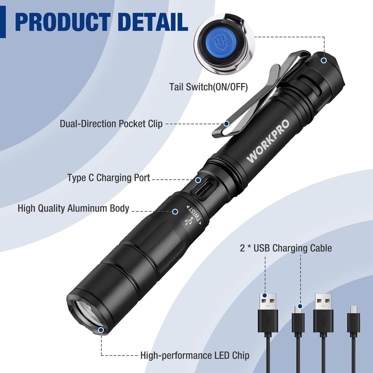 Mini Rechargeable LED Pen Light Flashlight 2 Pack with USB-C Cables