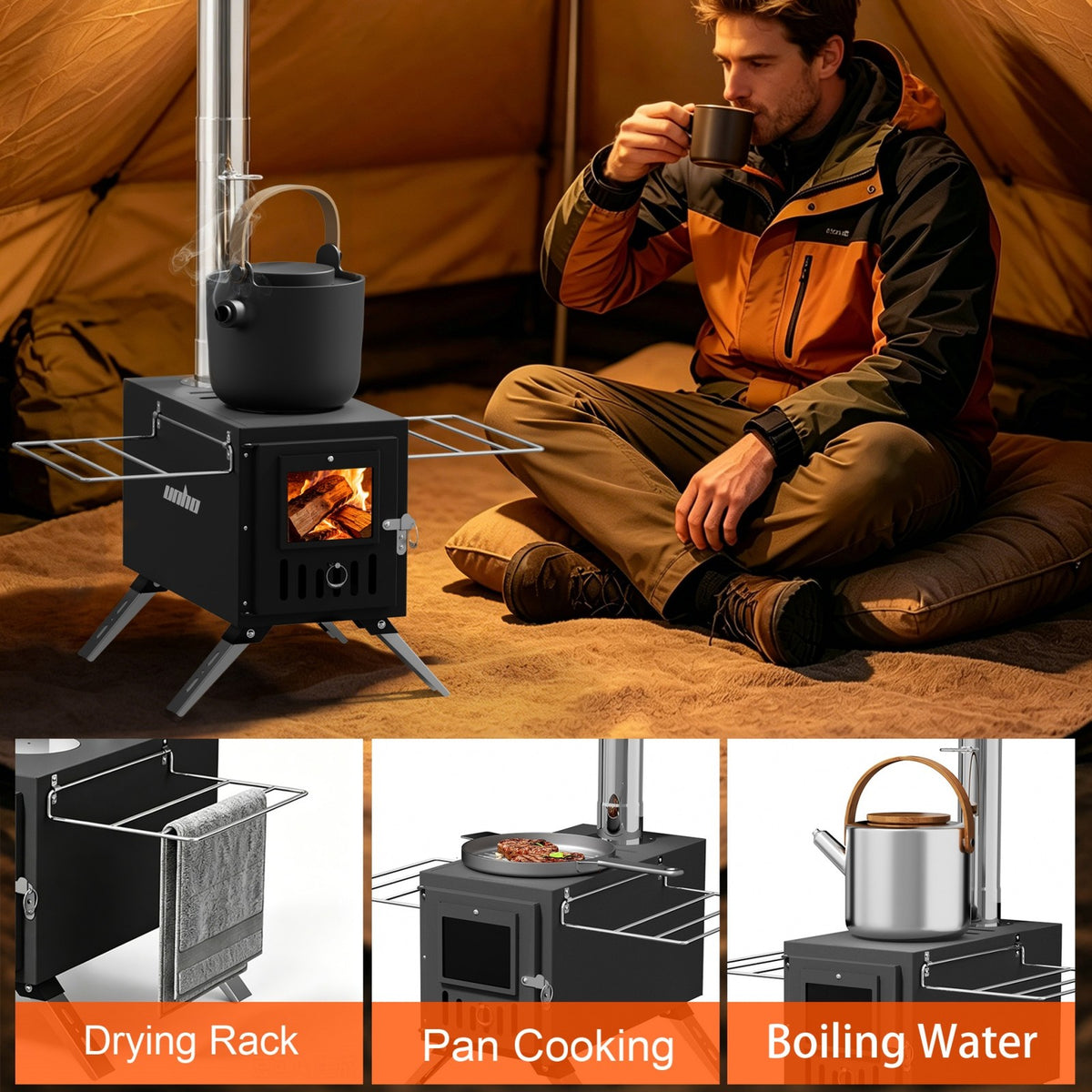 Portable Wood Burning Stove with Chimney Pipes for Camping and Outdoor Heating
