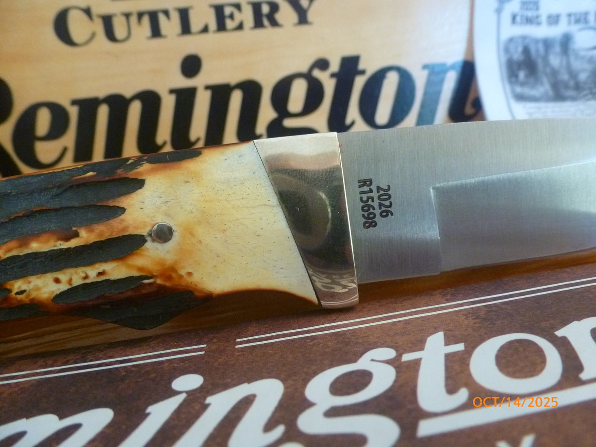 Remington Bullet Knife with Stag Bone Handle and Leather Sheath - Fixed Blade Collectible