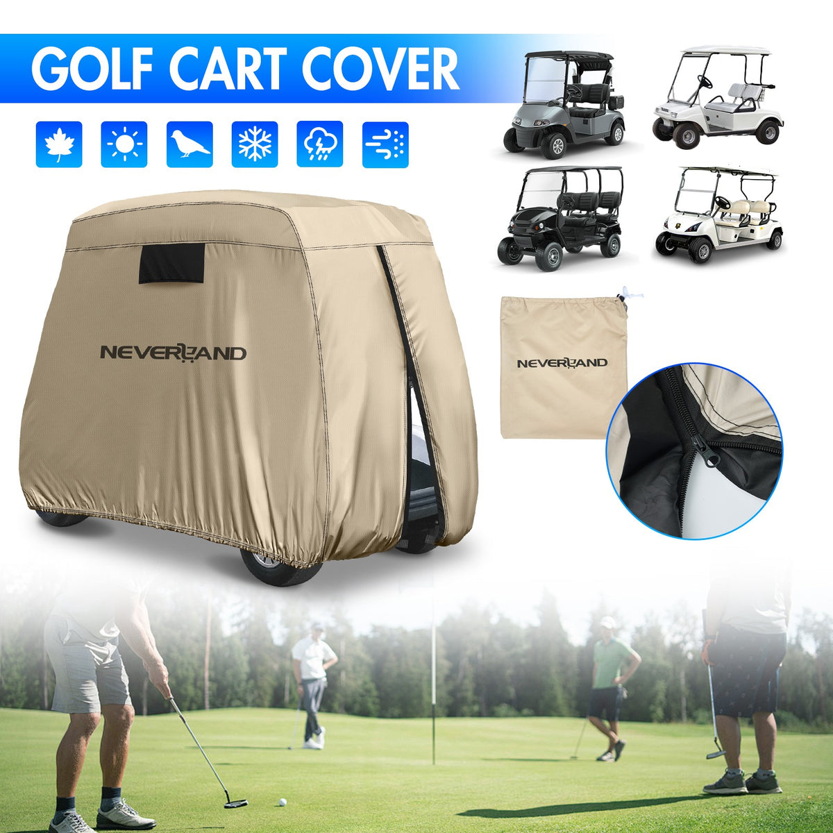 Waterproof Golf Cart Cover for 4-Passenger EZGO, Club Car & Yamaha