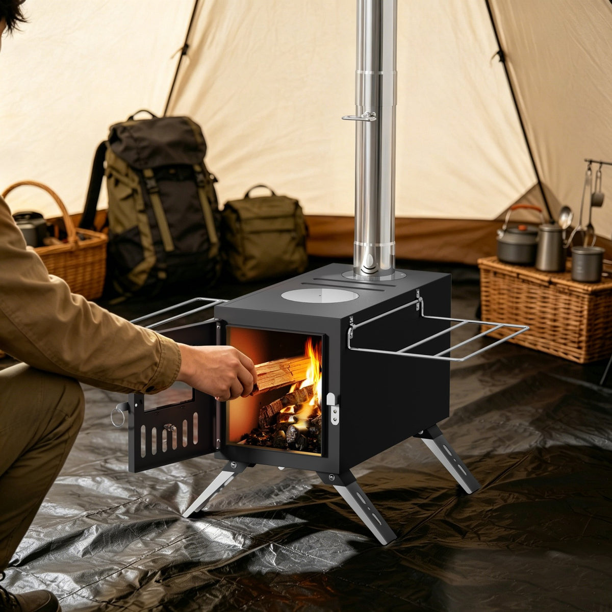 Portable Wood Burning Stove with Chimney Pipes for Camping and Outdoor Heating