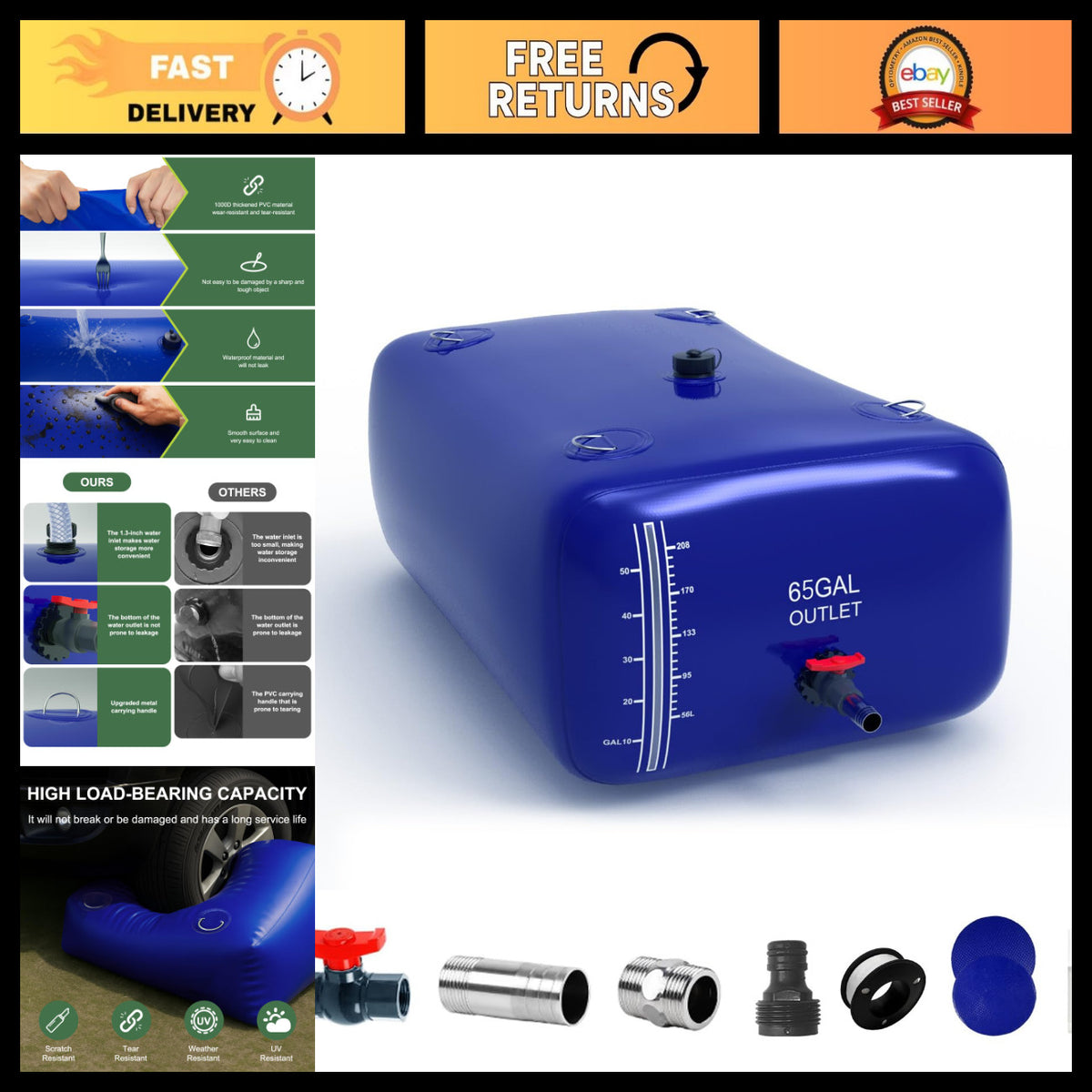 65 Gallon Collapsible Water Bladder Tank for Camping Gardening Emergency