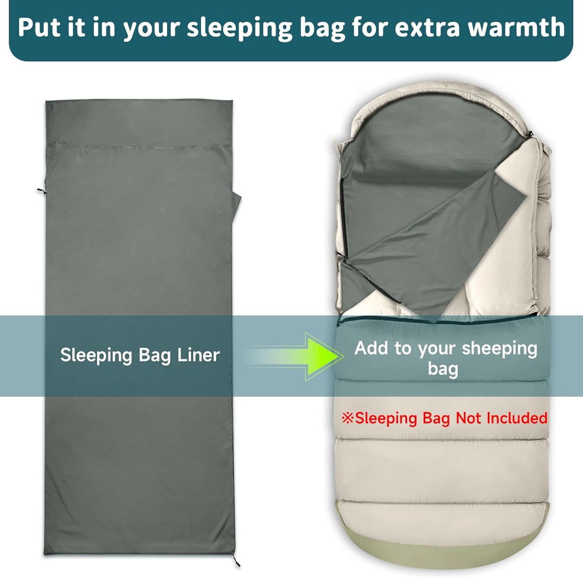 Ultralight Sleeping Bag Liner with 2-Way Zipper and Pillow Pocket - Compact Travel Sheet